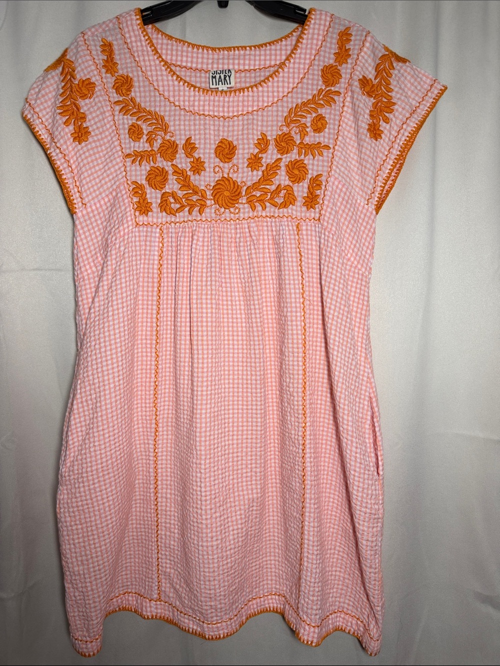 Sister Mary Veronica Pink Orange Checker Gingham Embroidered Floral Mini Dress S